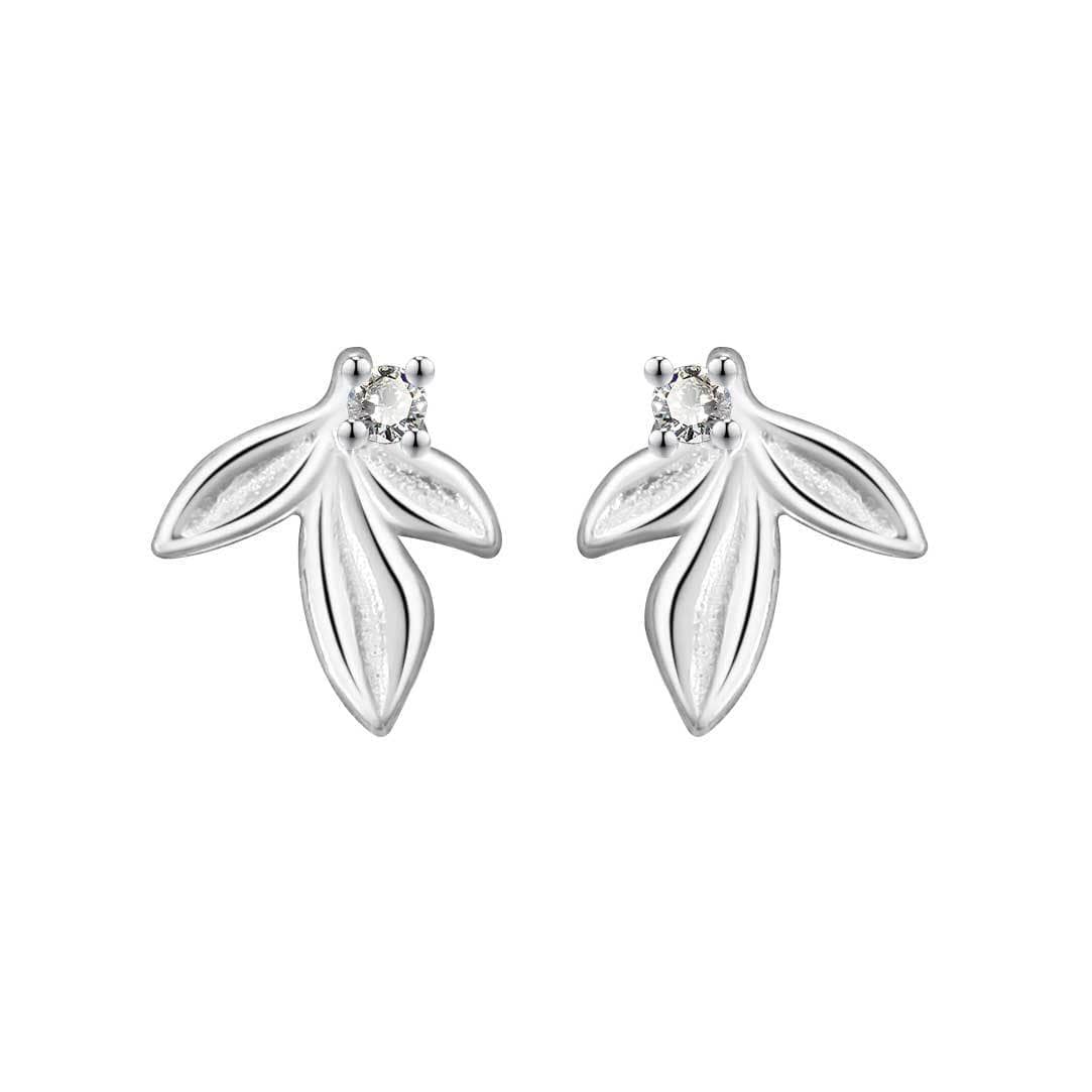 999 Silver Very Tiny Leaf with Sparkly CZ Crystal Stud Earrings