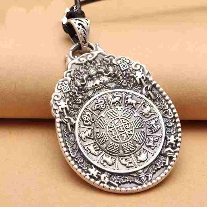 Nine Palaces Bagua Detailed Zodiac Wheel Pendant Necklace