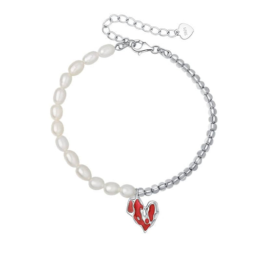Freshwater Pearl and Silver Beads with a Red Heart Charm Bracelet
