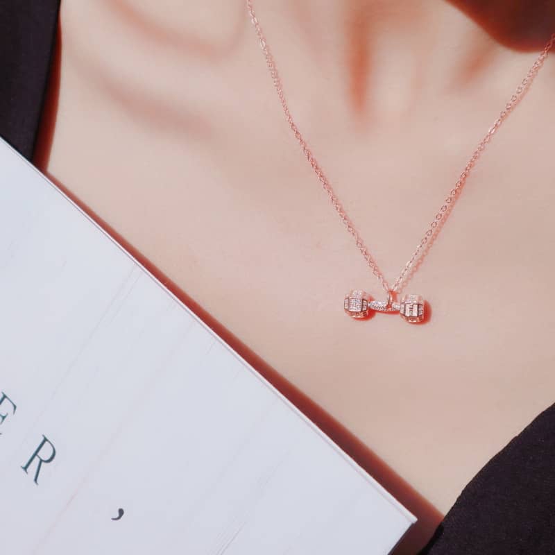 Dainty Dumbbell Charm CZ Necklace - Silver or Rose Gold