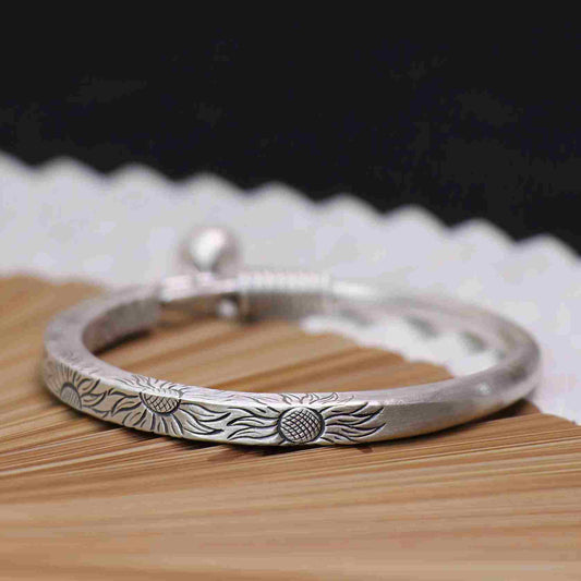 Solid 999 Silver Sunflower Bangle with Bell