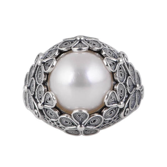 Woven Design Featuring Butterfly Flowers Inlaid Pearl Ring