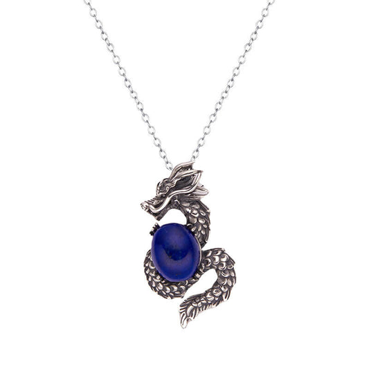 Dragon Pendant Necklace with Natural Lapis Lazuli/Peacock Ore Inlay