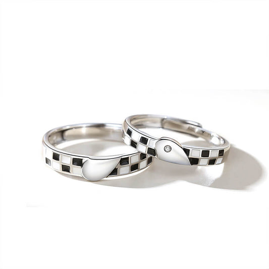 Black and White Checker Love Shape Couple Rings3