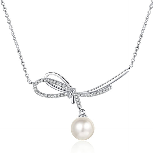 Moissanite Big Bow with Freshwater Pearl Necklace