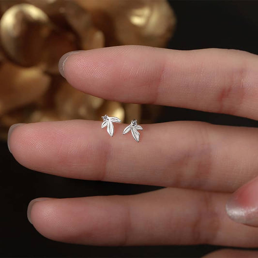 999 Silver Very Tiny Leaf with Sparkly CZ Crystal Stud Earrings