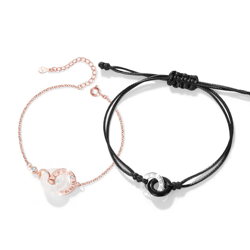 Interlocking Circle Obsidian Chalcedony Couple Bracelets