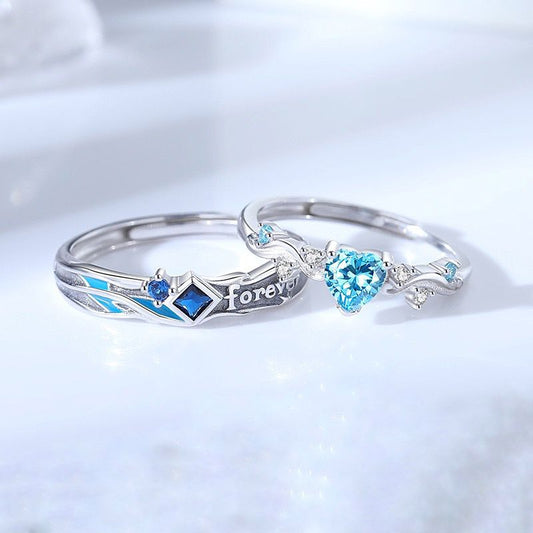 925 Sterling Silver Blue Heart Couple Rings