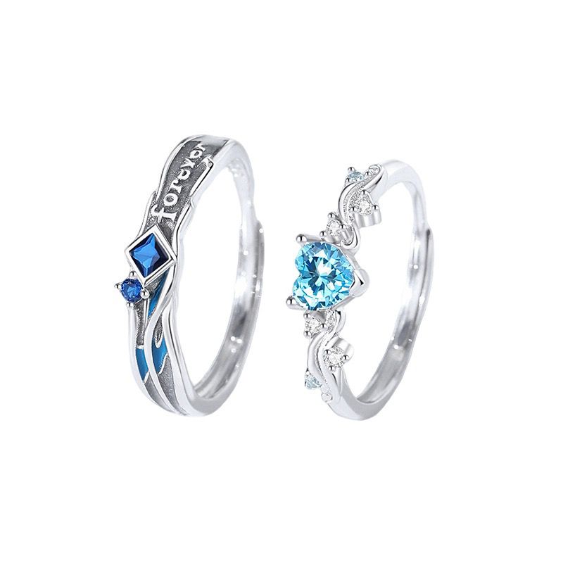 925 Sterling Silver Blue Heart Couple Rings