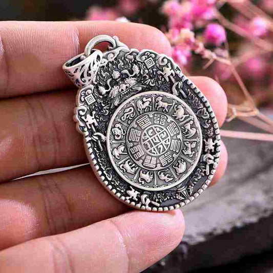 Nine Palaces Bagua Detailed Zodiac Wheel Pendant Necklace