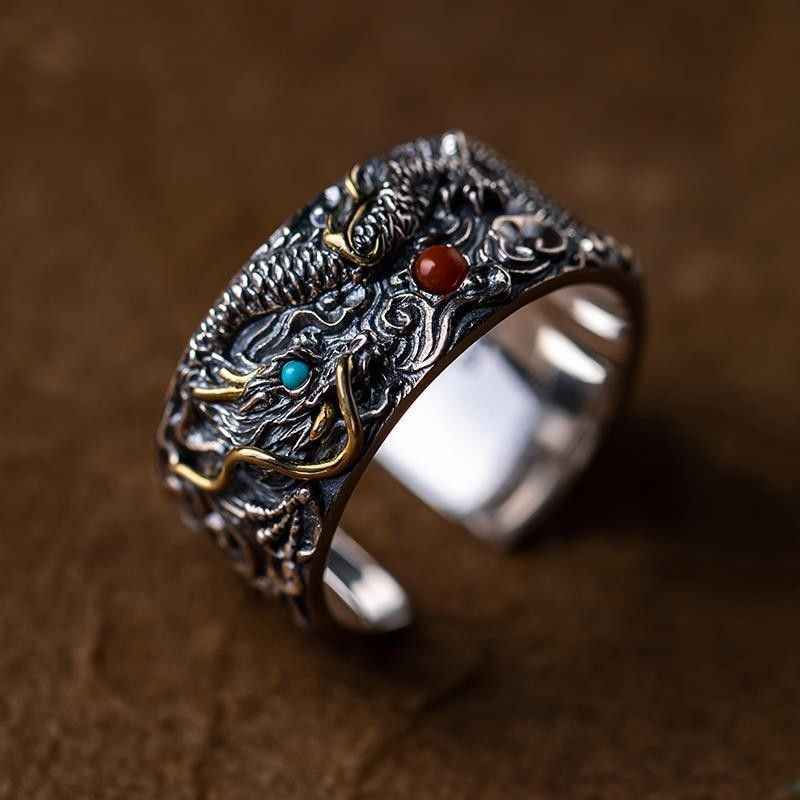 Auspicious Dragon Playing with a Pearl Sterling Silver Ring