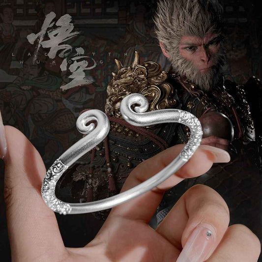 999 Sterling Silver Black Myth Wukong Matching Couple Bracelets, Polished/Antique Finishes, Eternal Love Bracelet